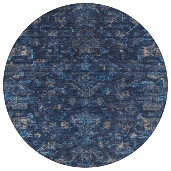HomeRoots 8' Navy Blue & Gray Round Medallion Rug - Durable, Washable, Stylish for Indoor & Outdoor Spaces 659266