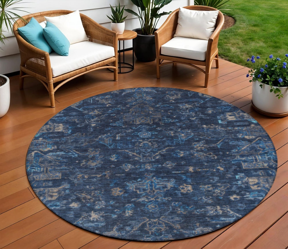 HomeRoots 8' Navy Blue & Gray Round Medallion Rug - Durable, Washable, Stylish for Indoor & Outdoor Spaces 659266
