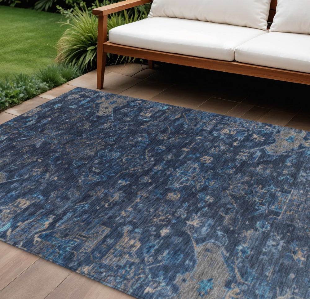HomeRoots 9' X 12' Navy Blue & Gray Medallion Area Rug – Stylish, Washable, Versatile for Indoors & Outdoors! 659268