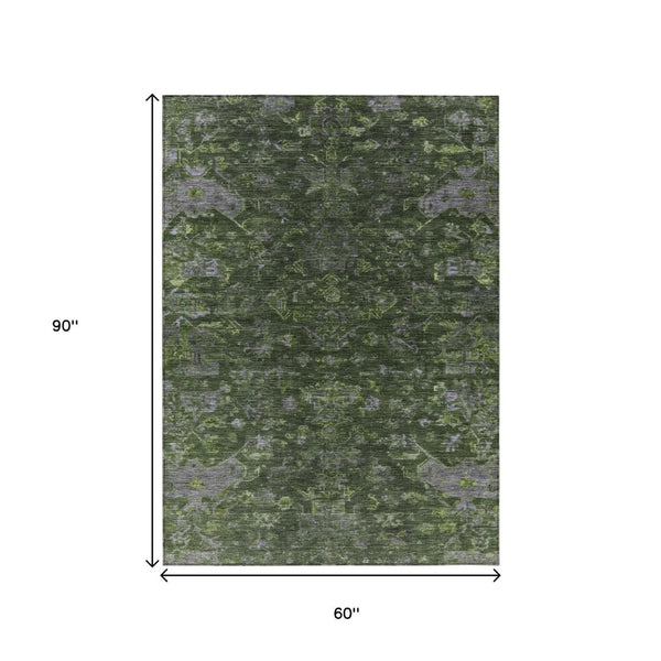 HomeRoots 5' Olive Green and Gray Medallion Area Rug - Washable, Durable Design for Indoor and Outdoor Use 659271