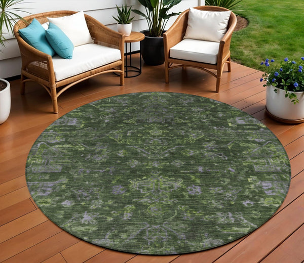 HomeRoots 8' Olive Green and Gray Round Medallion Rug – Durable, Washable Design for Indoor & Outdoor Use 659272