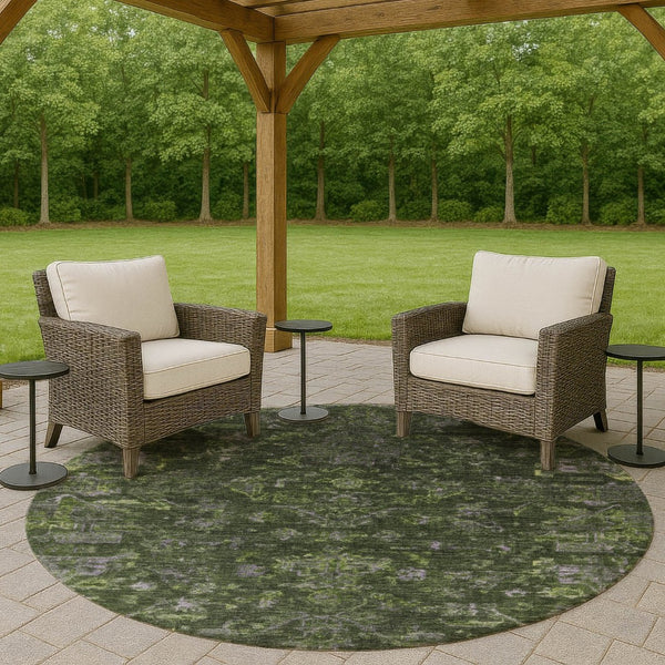 HomeRoots 8' Olive Green and Gray Round Medallion Rug – Durable, Washable Design for Indoor & Outdoor Use 659272