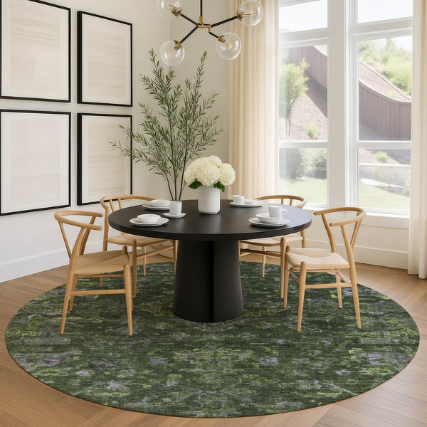 HomeRoots 8' Olive Green and Gray Round Medallion Rug – Durable, Washable Design for Indoor & Outdoor Use 659272