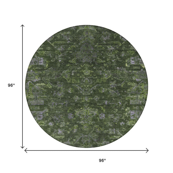 HomeRoots 8' Olive Green and Gray Round Medallion Rug – Durable, Washable Design for Indoor & Outdoor Use 659272
