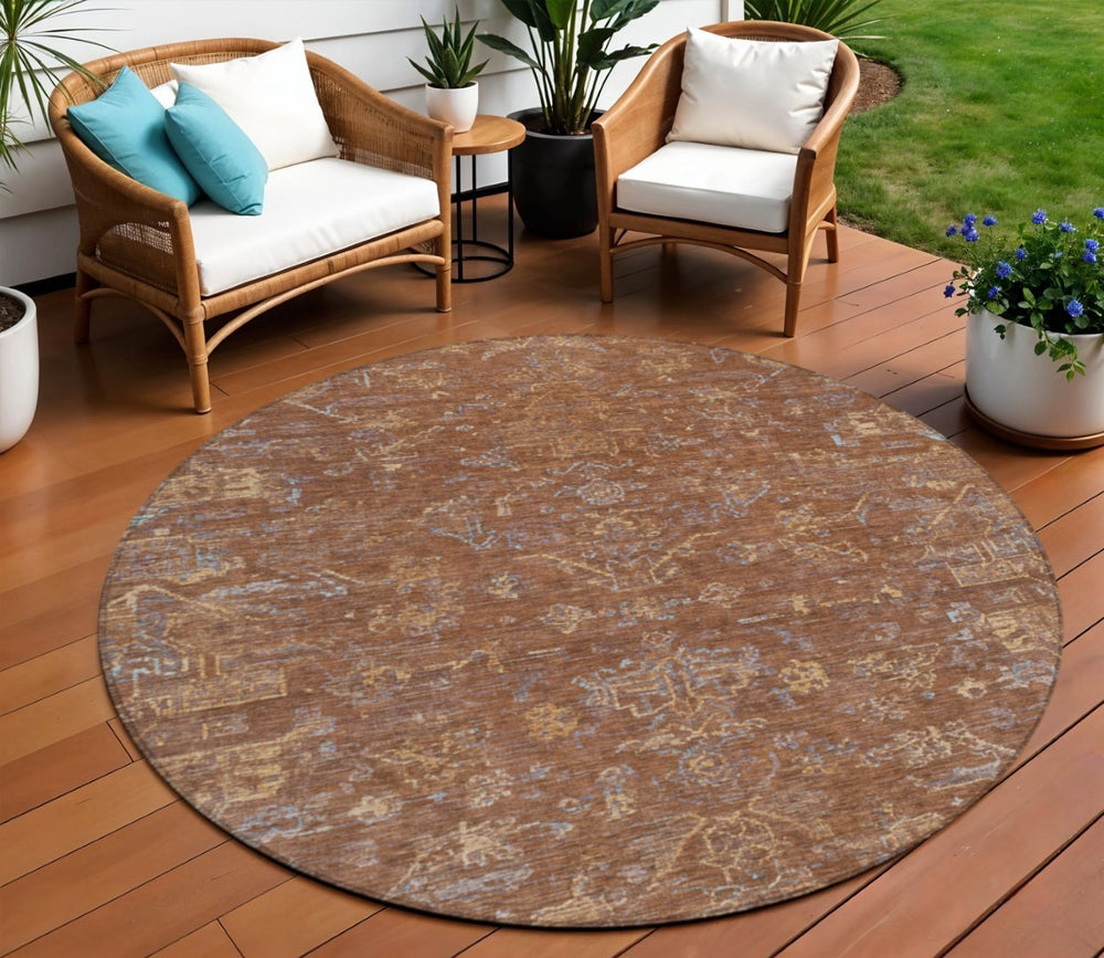HomeRoots 8' Chili Red and Copper Round Medallion Area Rug - Washable, Durable for Indoor & Outdoor Spaces 659278