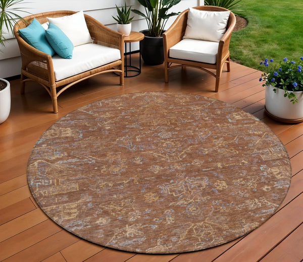 HomeRoots 8' Chili Red and Copper Round Medallion Area Rug - Washable, Durable for Indoor & Outdoor Spaces 659278