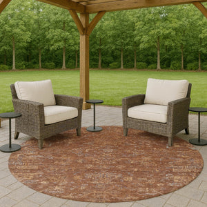 HomeRoots 8' Chili Red and Copper Round Medallion Area Rug - Washable, Durable for Indoor & Outdoor Spaces 659278