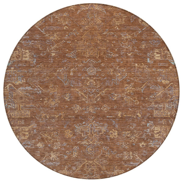 HomeRoots 8' Chili Red and Copper Round Medallion Area Rug - Washable, Durable for Indoor & Outdoor Spaces 659278