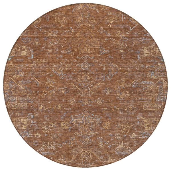 HomeRoots 8' Chili Red and Copper Round Medallion Area Rug - Washable, Durable for Indoor & Outdoor Spaces 659278