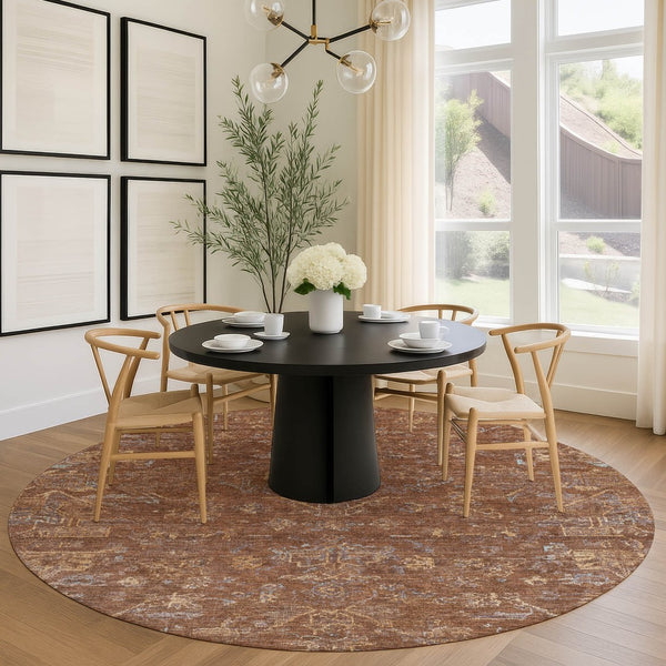 HomeRoots 8' Chili Red and Copper Round Medallion Area Rug - Washable, Durable for Indoor & Outdoor Spaces 659278