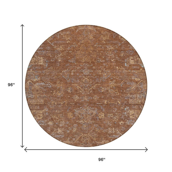 HomeRoots 8' Chili Red and Copper Round Medallion Area Rug - Washable, Durable for Indoor & Outdoor Spaces 659278