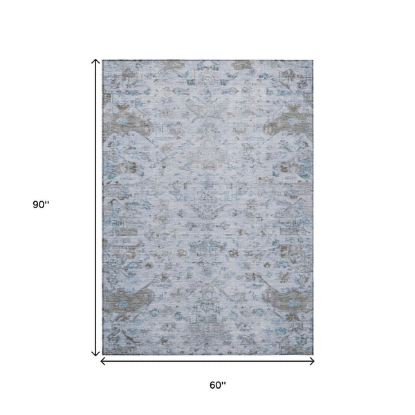 HomeRoots 5' X 8' Sky Blue Medallion Washable Area Rug - Perfect for Indoor Outdoor Spaces, Easy Care & Durable! 659283