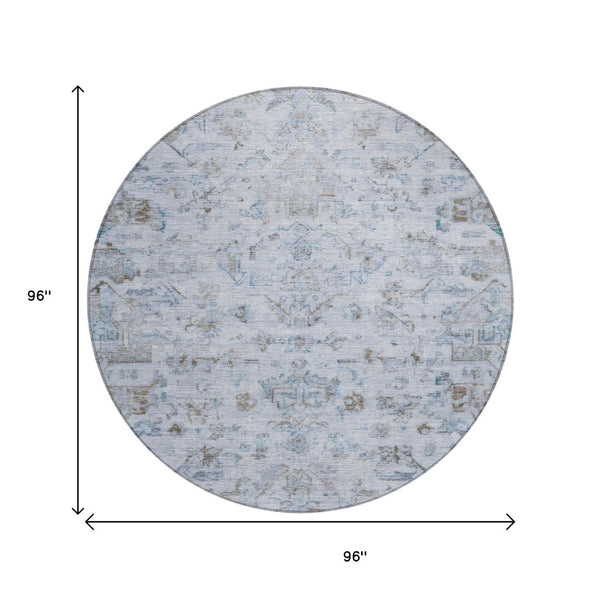 HomeRoots 8' Sky Blue & Ivory Round Medallion Rug - Washable, Durable Design for Indoor/Outdoor Spaces! 659284