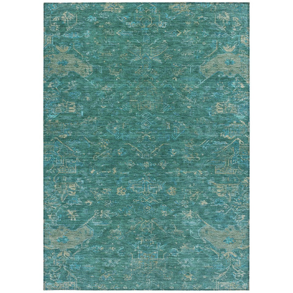HomeRoots 5' X 8' Medallion Area Rug in Teal Blue & Artichoke Green - Washable, Durable for Indoor/Outdoor Use 659289