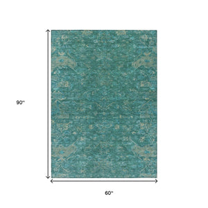 HomeRoots 5' X 8' Medallion Area Rug in Teal Blue & Artichoke Green - Washable, Durable for Indoor/Outdoor Use 659289