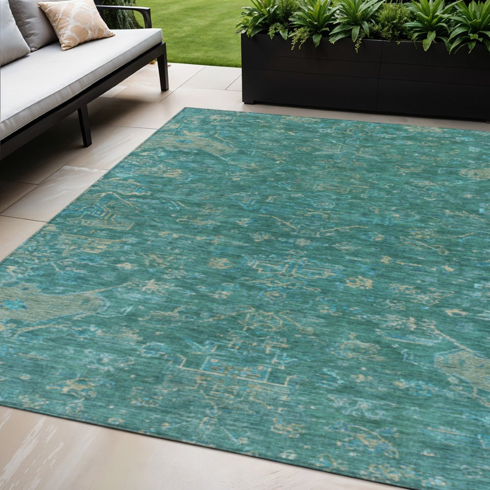 HomeRoots 5' X 8' Medallion Area Rug in Teal Blue & Artichoke Green - Washable, Durable for Indoor/Outdoor Use 659289