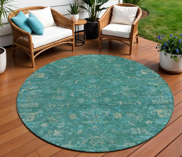 HomeRoots 8' Teal Blue Round Medallion Rug - Washable, Durable, Stylish for Indoor & Outdoor Living Spaces 659290