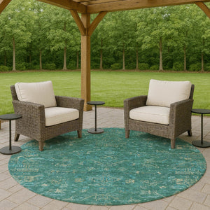 HomeRoots 8' Teal Blue Round Medallion Rug - Washable, Durable, Stylish for Indoor & Outdoor Living Spaces 659290