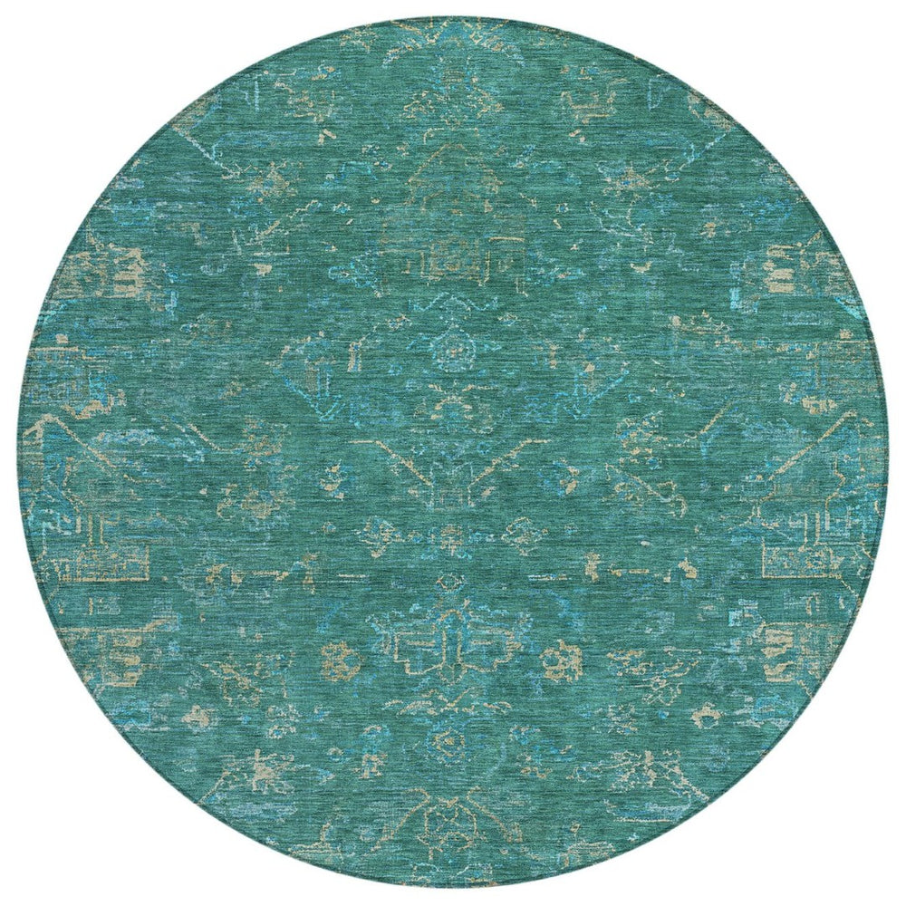 HomeRoots 8' Teal Blue Round Medallion Rug - Washable, Durable, Stylish for Indoor & Outdoor Living Spaces 659290