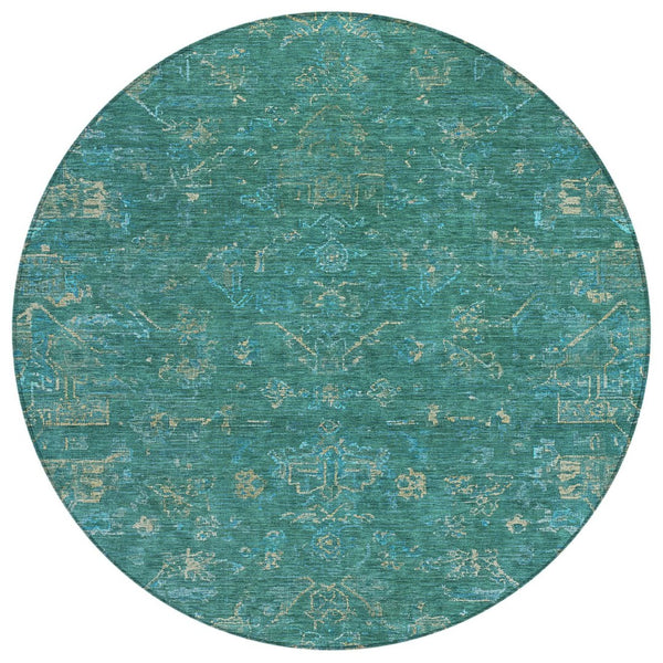 HomeRoots 8' Teal Blue Round Medallion Rug - Washable, Durable, Stylish for Indoor & Outdoor Living Spaces 659290