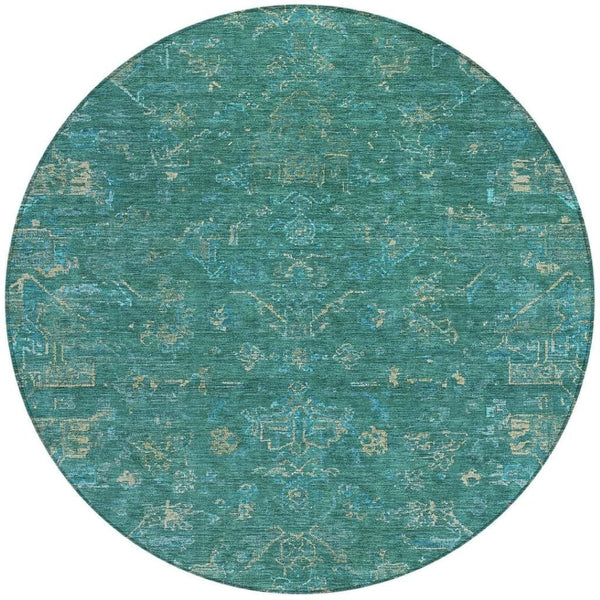 HomeRoots 8' Teal Blue Round Medallion Rug - Washable, Durable, Stylish for Indoor & Outdoor Living Spaces 659290