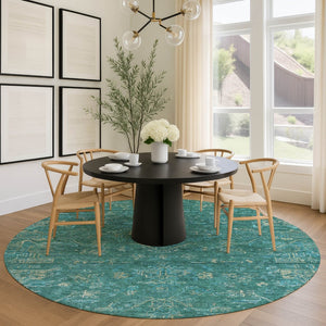 HomeRoots 8' Teal Blue Round Medallion Rug - Washable, Durable, Stylish for Indoor & Outdoor Living Spaces 659290