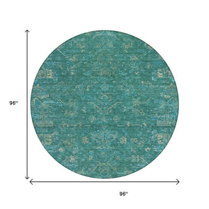 HomeRoots 8' Teal Blue Round Medallion Rug - Washable, Durable, Stylish for Indoor & Outdoor Living Spaces 659290