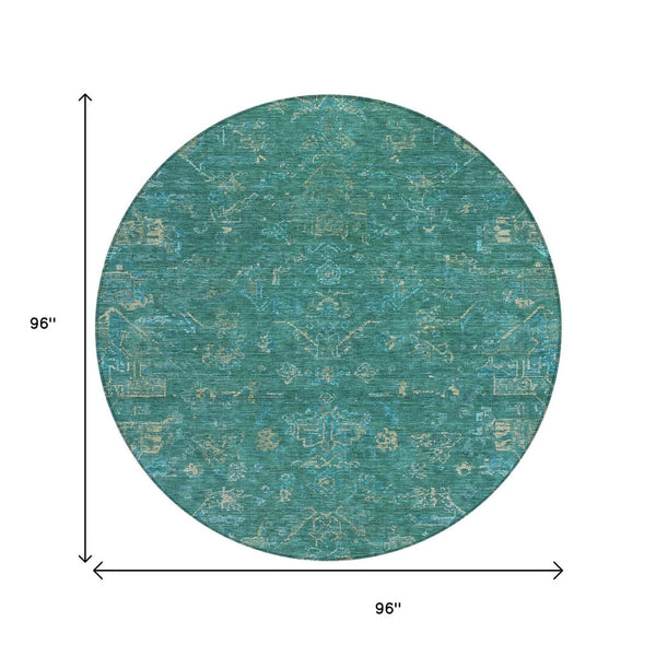 HomeRoots 8' Teal Blue Round Medallion Rug - Washable, Durable, Stylish for Indoor & Outdoor Living Spaces 659290