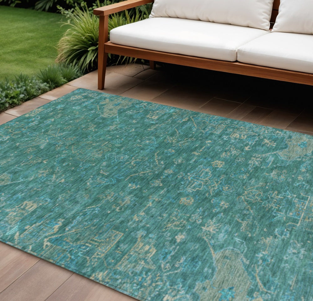 HomeRoots 8' X 10' Teal Blue & Artichoke Green Medallion Rug - Durable, Washable, Indoor/Outdoor Style! 659291