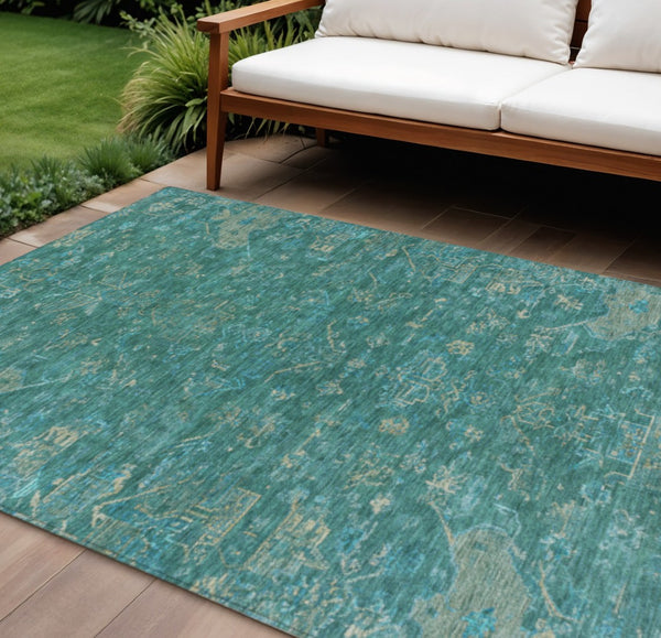 HomeRoots 8' X 10' Teal Blue & Artichoke Green Medallion Rug - Durable, Washable, Indoor/Outdoor Style! 659291