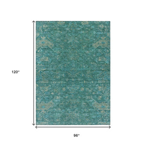 HomeRoots 8' X 10' Teal Blue & Artichoke Green Medallion Rug - Durable, Washable, Indoor/Outdoor Style! 659291