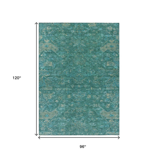 HomeRoots 8' X 10' Teal Blue & Artichoke Green Medallion Rug - Durable, Washable, Indoor/Outdoor Style! 659291