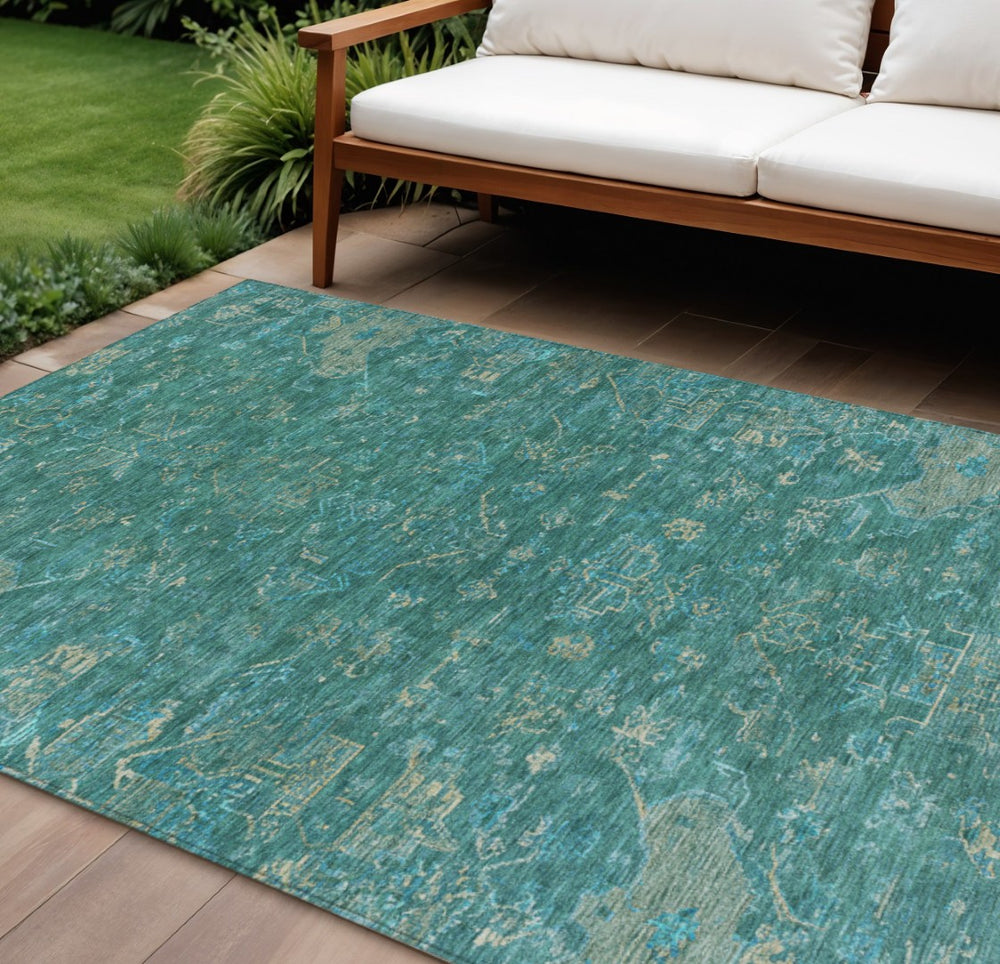 HomeRoots 10' Teal Blue & Artichoke Green Medallion Area Rug - Washable, Durable for Indoor/Outdoor Use! 659293