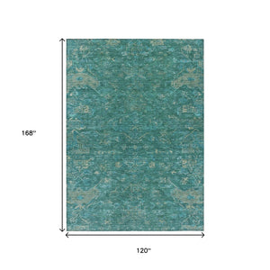 HomeRoots 10' Teal Blue & Artichoke Green Medallion Area Rug - Washable, Durable for Indoor/Outdoor Use! 659293
