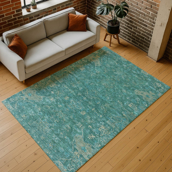 HomeRoots 10' Teal Blue & Artichoke Green Medallion Area Rug - Washable, Durable for Indoor/Outdoor Use! 659293