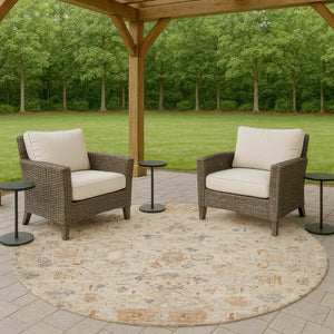 HomeRoots 8' Beige and Gray Round Tribal Area Rug – Durable, Washable, Versatile for Indoor and Outdoor Use! 659296