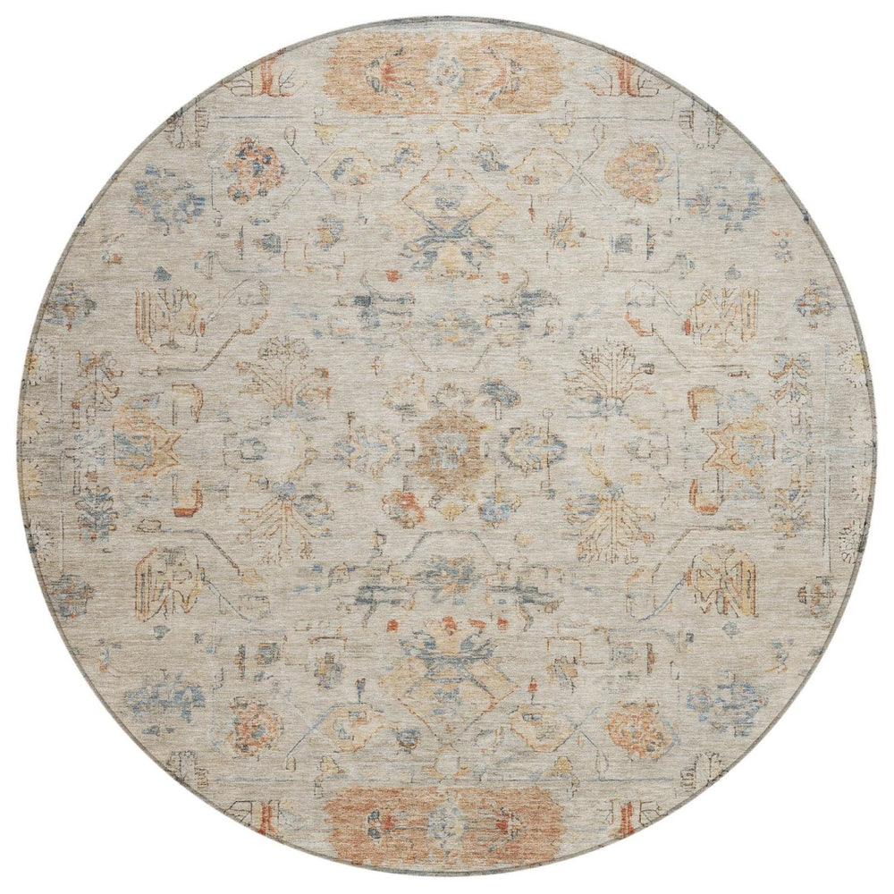 HomeRoots 8' Beige and Gray Round Tribal Area Rug – Durable, Washable, Versatile for Indoor and Outdoor Use! 659296