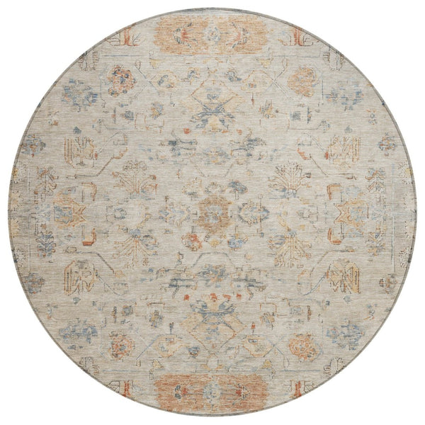 HomeRoots 8' Beige and Gray Round Tribal Area Rug – Durable, Washable, Versatile for Indoor and Outdoor Use! 659296