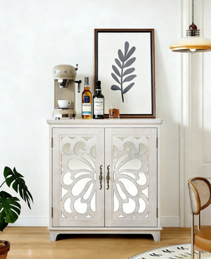 English Elm Elegant Mirrored Sideboard with Butterfly Carved Doors Wood Grain Finish Dining Storage Light Gray W2899P372740