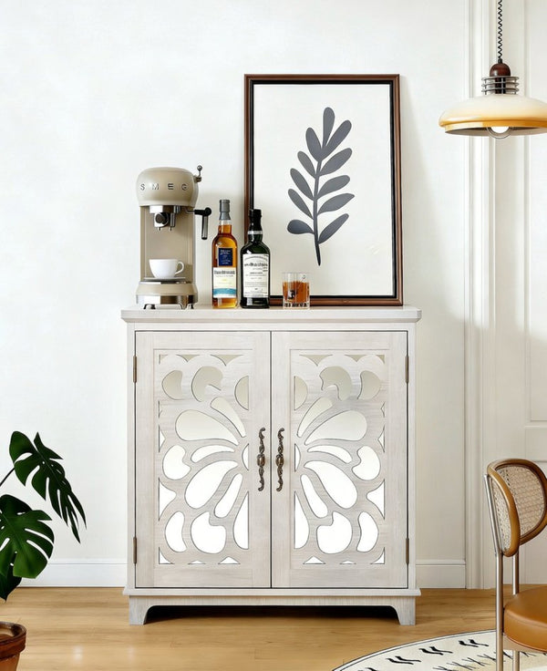 English Elm Elegant Mirrored Sideboard with Butterfly Carved Doors Wood Grain Finish Dining Storage Light Gray W2899P372740