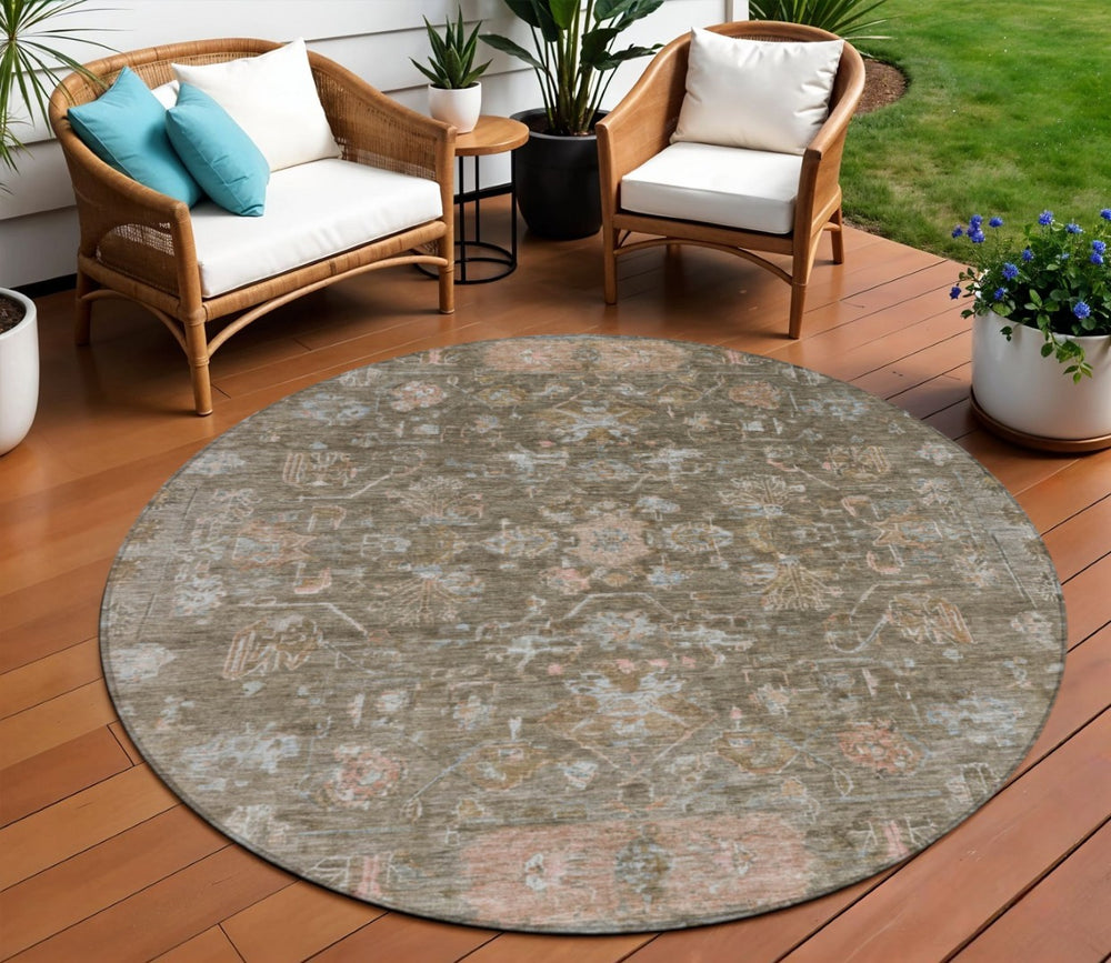 HomeRoots 8' Brown and Gray Round Tribal Area Rug - Stylish, Washable, Durable for Indoor & Outdoor Spaces 659302