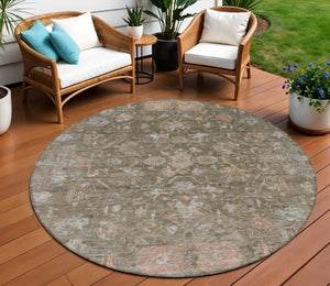 HomeRoots 8' Brown and Gray Round Tribal Area Rug - Stylish, Washable, Durable for Indoor & Outdoor Spaces 659302