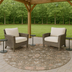 HomeRoots 8' Brown and Gray Round Tribal Area Rug - Stylish, Washable, Durable for Indoor & Outdoor Spaces 659302