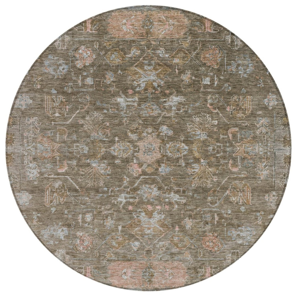 HomeRoots 8' Brown and Gray Round Tribal Area Rug - Stylish, Washable, Durable for Indoor & Outdoor Spaces 659302