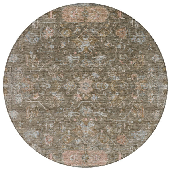 HomeRoots 8' Brown and Gray Round Tribal Area Rug - Stylish, Washable, Durable for Indoor & Outdoor Spaces 659302