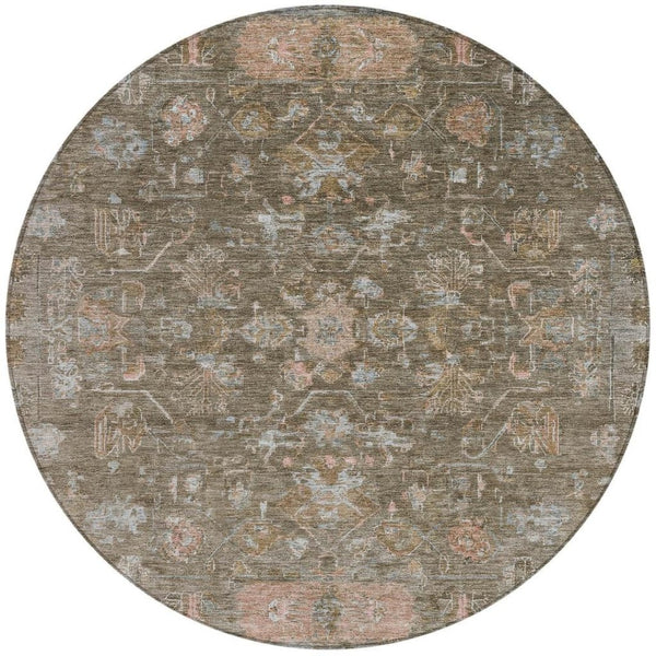 HomeRoots 8' Brown and Gray Round Tribal Area Rug - Stylish, Washable, Durable for Indoor & Outdoor Spaces 659302