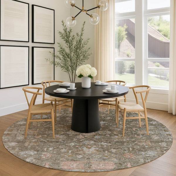 HomeRoots 8' Brown and Gray Round Tribal Area Rug - Stylish, Washable, Durable for Indoor & Outdoor Spaces 659302