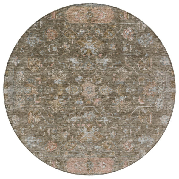 HomeRoots 8' Brown and Gray Round Tribal Area Rug - Stylish, Washable, Durable for Indoor & Outdoor Spaces 659302