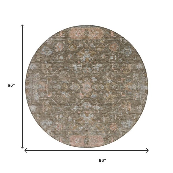 HomeRoots 8' Brown and Gray Round Tribal Area Rug - Stylish, Washable, Durable for Indoor & Outdoor Spaces 659302