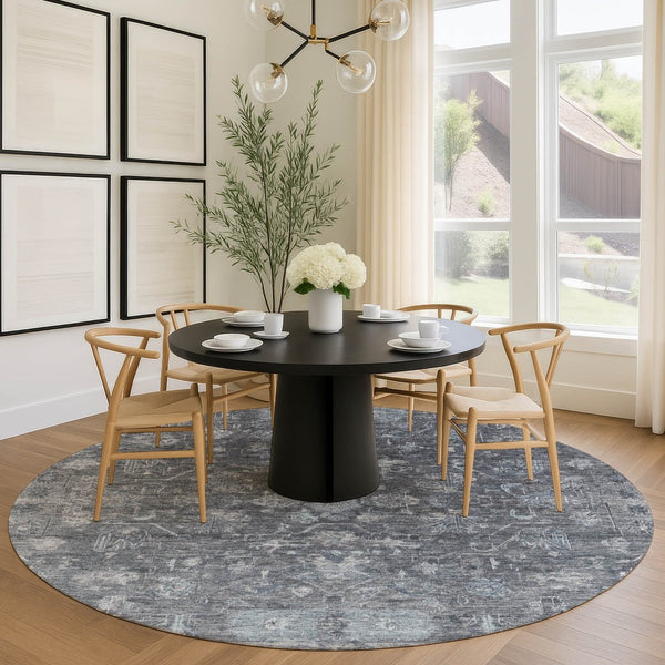 HomeRoots 8' Gray and Silver Round Tribal Area Rug - Stylish, Washable, Durable for Indoor & Outdoor Use! 659308